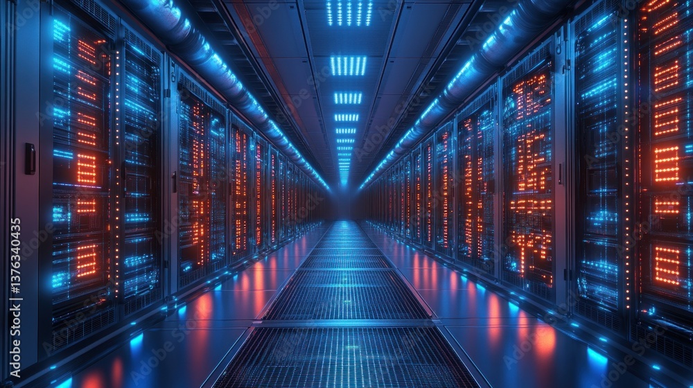 A vast server farm displays countless rows of illuminated servers, creating a humming atmosphere in a modern digital facility A vast server farm displays countless rows of illuminated servers, creating a humming atmosphere in a modern digital facility