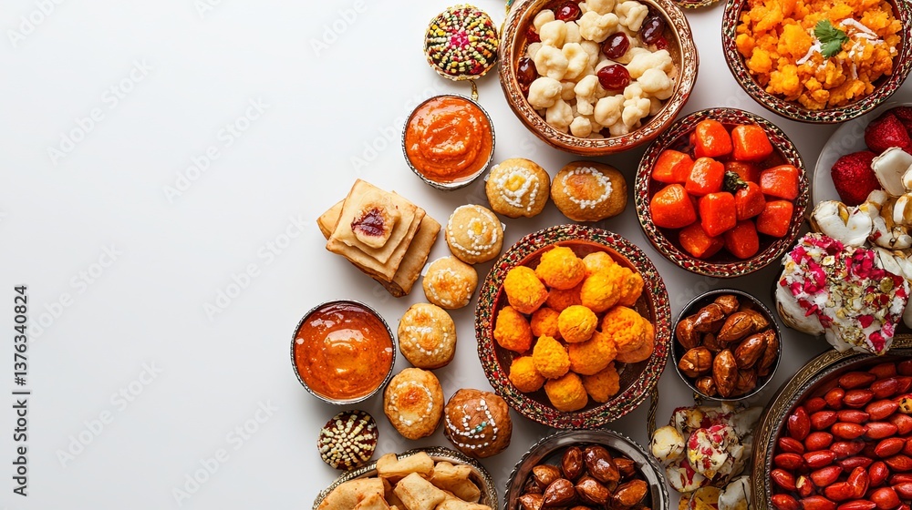 An aerial view featuring an array of vibrant rakhis alongside a selection of assorted sweets, all beautifully arranged on a clean white background, perfect for celebration An aerial view featuring an array of vibrant rakhis alongside a selection of assorted sweets, all beautifully arranged on a clean white background, perfect for celebration