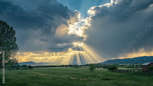 A dramatic sky with dark clouds and rays of sunlight breaking through