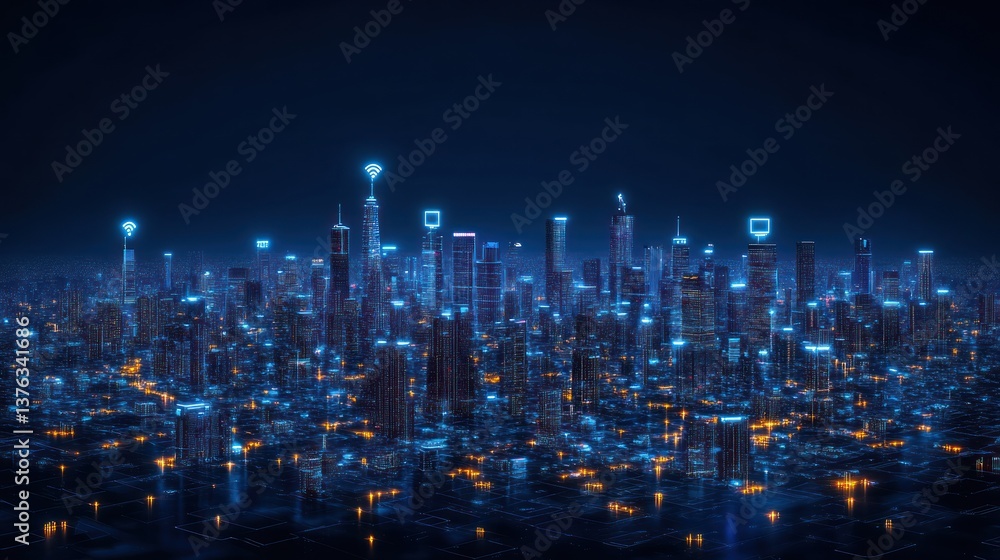 Fototapeta premium Futuristic Smart City at Night: A Digital Metropolis Illuminated