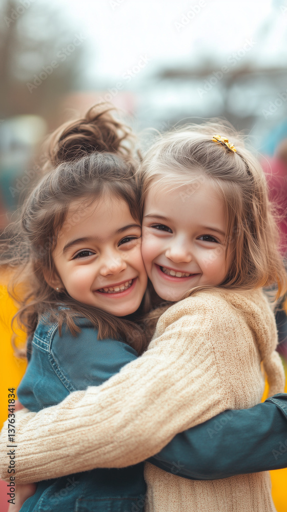 Fototapeta premium Happy children hugging together in a playful outdoor setting - 