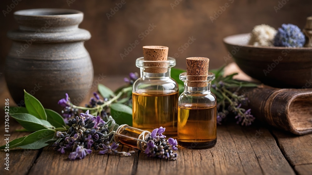 Lavender essential oils and herbs arranged on a wooden table in a rustic setting Lavender essential oils and herbs arranged on a wooden table in a rustic setting