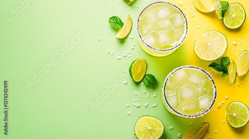 Obraz na płótnie A festive National Margarita Day scene with margarita glasses, lime wedges, and salt on a soft green and yellow background w salonie