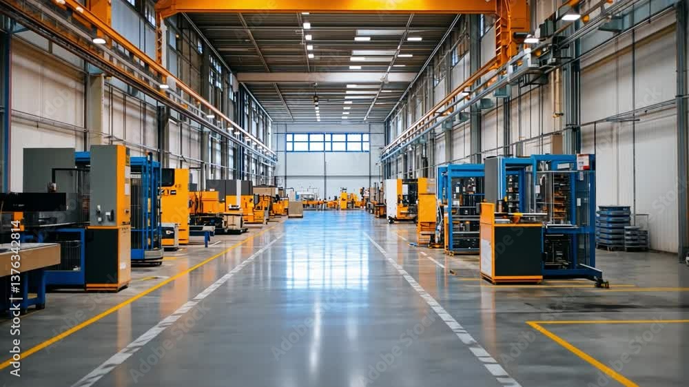 Modern Industrial Warehouse Interior with Efficient Storage Racks, Machinery, and Bright Lighting in a Spacious Manufacturing Facility Modern Industrial Warehouse Interior with Efficient Storage Racks, Machinery, and Bright Lighting in a Spacious Manufacturing Facility