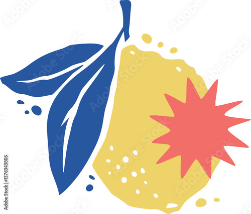 Lemon with Leaves and Label Silhouette Block Print or Stamp Vector Illustration