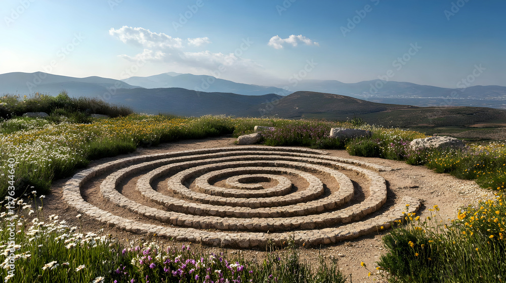 Stone Spiral Art Installation on Hillside with Mountain View Stone Spiral Art Installation on Hillside with Mountain View