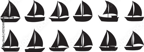 Silhouette sailboats, simple black icons, nautical symbols, minimalist yacht designs, sleek sailing vessels, maritime clipart, monochrome boat shapes, ocean travel motifs, regatta fleet illustration