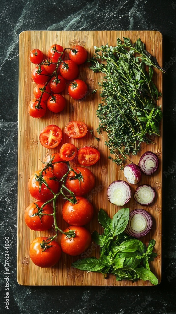 A wooden cutting board with a variety of vegetables including tomatoes, onions A wooden cutting board with a variety of vegetables including tomatoes, onions