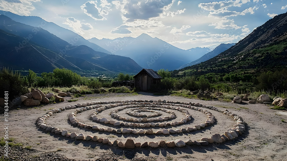 Stone Spiral Pathway in Mountain Landscape Stone Spiral Pathway in Mountain Landscape