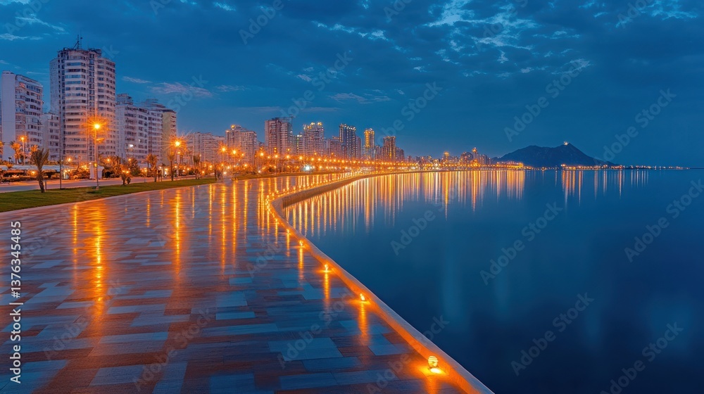 Fototapeta premium Night Lights Coastal Cityscape: Baku's illuminated promenade reflecting on the Caspian Sea under a twilight sky.