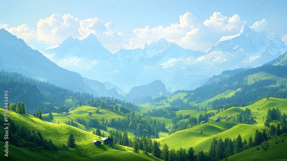 Obraz premium Idyllic Mountain Valley Landscape with Green Hills and Distant Peaks