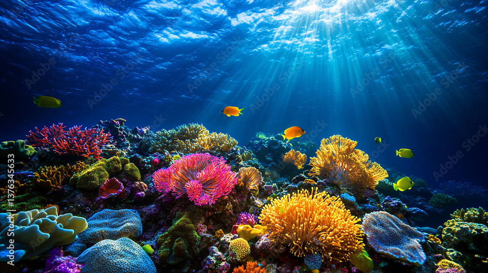 Fototapeta premium Vibrant Coral Reef Underwater Scene with Colorful Fish