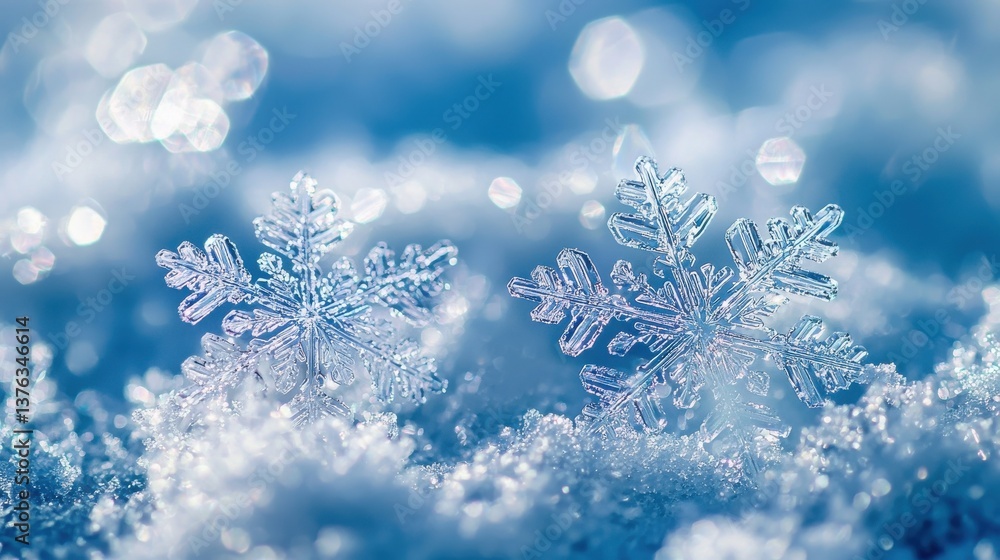 Two intricately detailed snowflakes rest gently on a bed of pristine, sparkling snow with a soft blue bokeh background creating a serene winter wonderland scene. Two intricately detailed snowflakes rest gently on a bed of pristine, sparkling snow with a soft blue bokeh background creating a serene winter wonderland scene.
