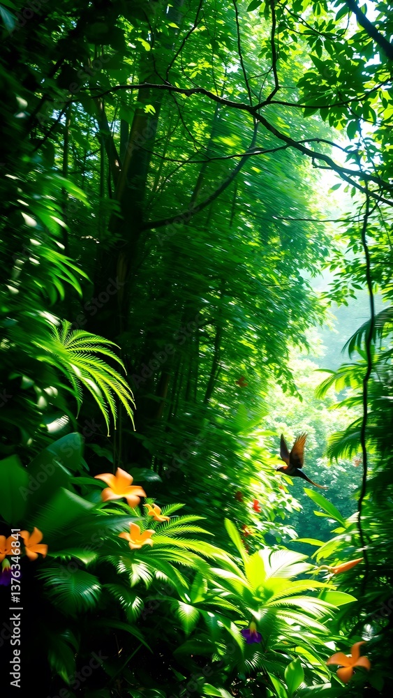 Naklejka premium Lush Tropical Jungle with Butterfly