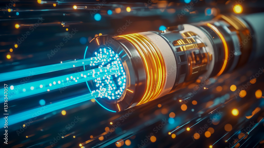 Futuristic high-speed optical fiber cable illuminated with glowing blue light streaks, highlighting advanced data transmission and ultra-fast internet connectivity. Futuristic high-speed optical fiber cable illuminated with glowing blue light streaks, highlighting advanced data transmission and ultra-fast internet connectivity.