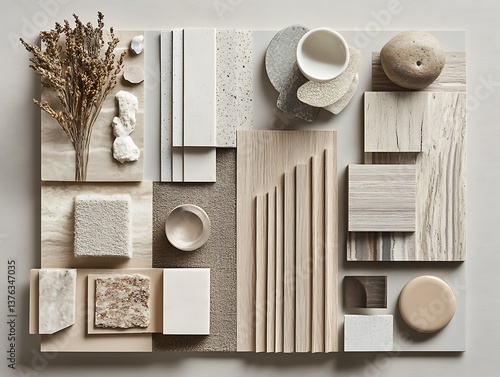 Neutral Interior Design Moodboard Featuring Stone, Wood, Fabric and Tile Swatches