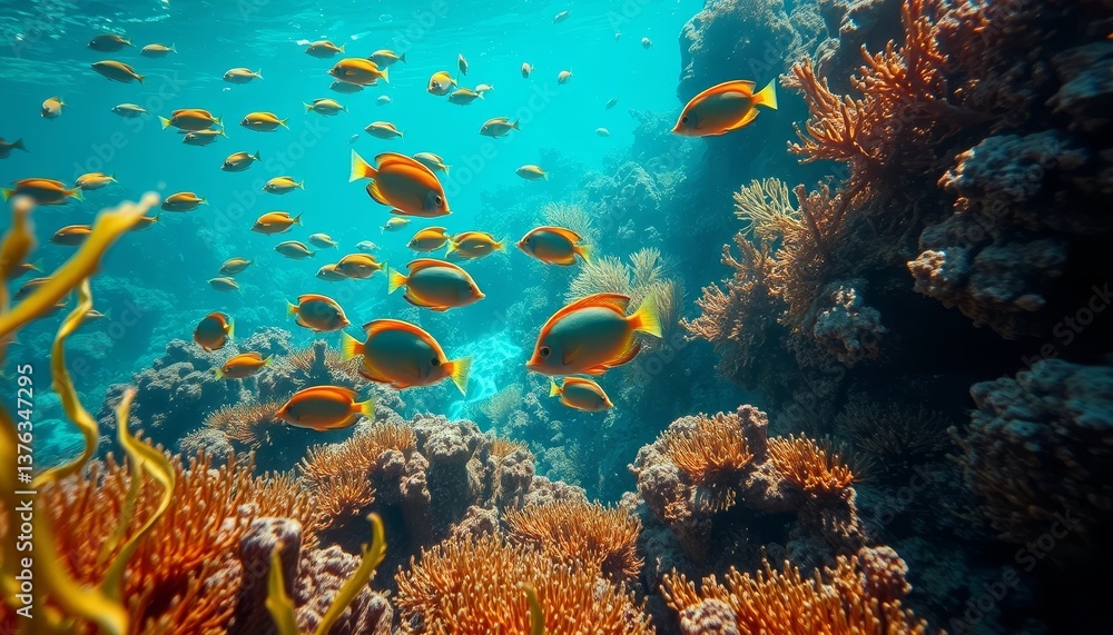 Naklejka premium Vibrant Underwater Scene Featuring a School of Colorful Fish Swimming Amidst Lush Coral Reefs
