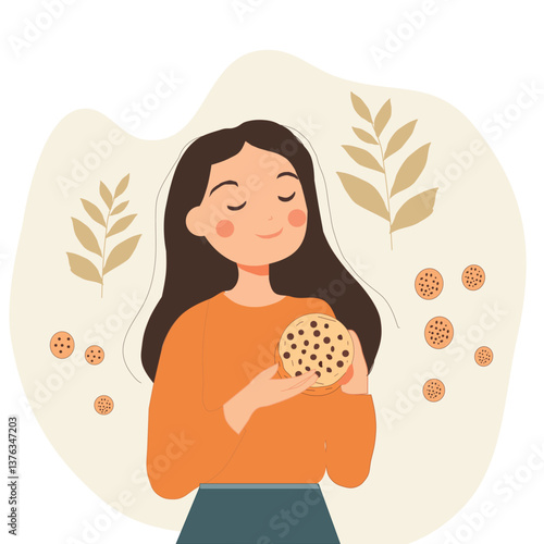 Cute woman with cookies vector illustration cartoon character Girl with chunky cookies on white background