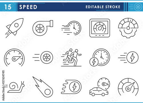 A set of line icons related to Speed. Slow, snail, run, wheel, faster, efficient, flash, and so on. Vector editable stroke.