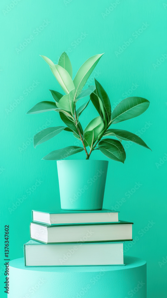 Vibrant green plant in pot on stack of books in minimalist setting with harmonious monochromatic color scheme Vibrant green plant in pot on stack of books in minimalist setting with harmonious monochromatic color scheme