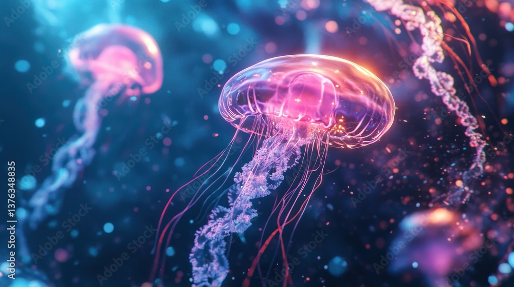 Glowing jellyfish gracefully drift in the mysterious ocean depths Glowing jellyfish gracefully drift in the mysterious ocean depths