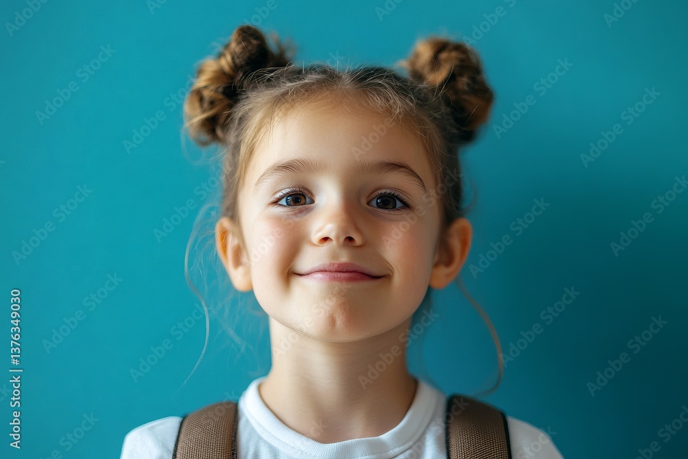 Young girl with playful hairstyle smiles in front of a blue background at a casual setting
