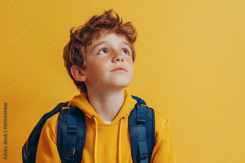 Young boy gazing upwards with curiosity against a vibrant yellow background in a casual setting