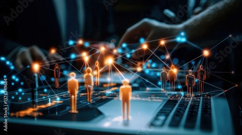 Outsourcing and Finance concept. Digital networking concept with connected figures over a laptop interface.