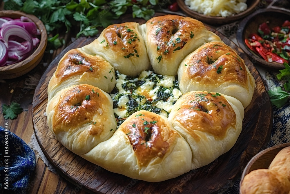 Freshly baked flower-shaped bread filled with spinach and cheese, garnished with parsley, arranged on a wooden board alongside bowls of red onions, grated cheese, and chili peppers Freshly baked flower-shaped bread filled with spinach and cheese, garnished with parsley, arranged on a wooden board alongside bowls of red onions, grated cheese, and chili peppers