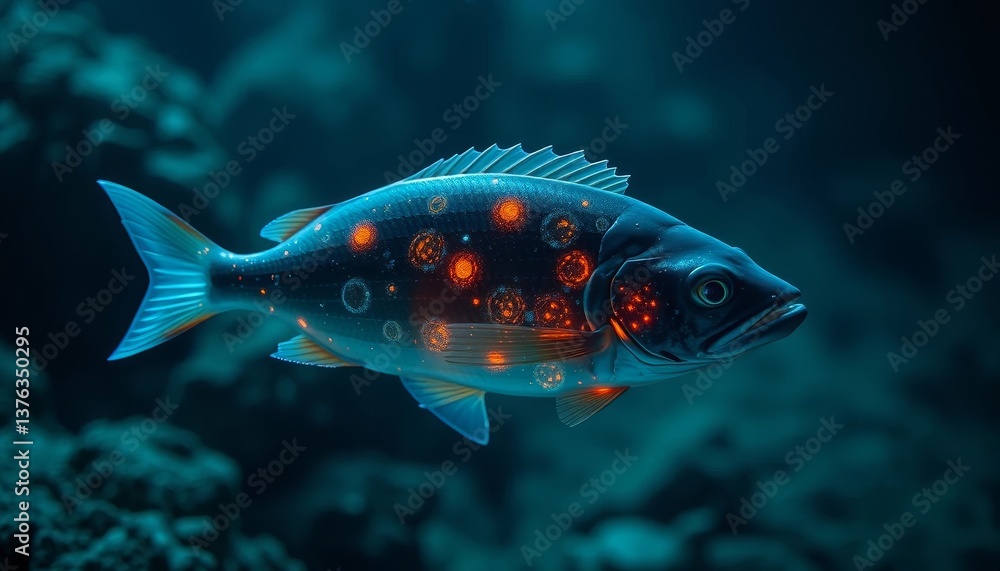 Fototapeta premium Luminous Aquatic Creature Glowing with Internal Light, Swimming Through Dark Ocean Depths