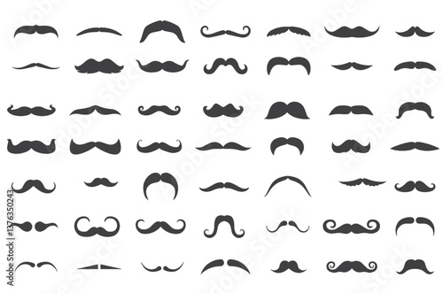 A stylish collection of mustache icons in various shapes and styles. Ideal for barbershops, men's grooming brands, logo design, and vintage-themed projects.
