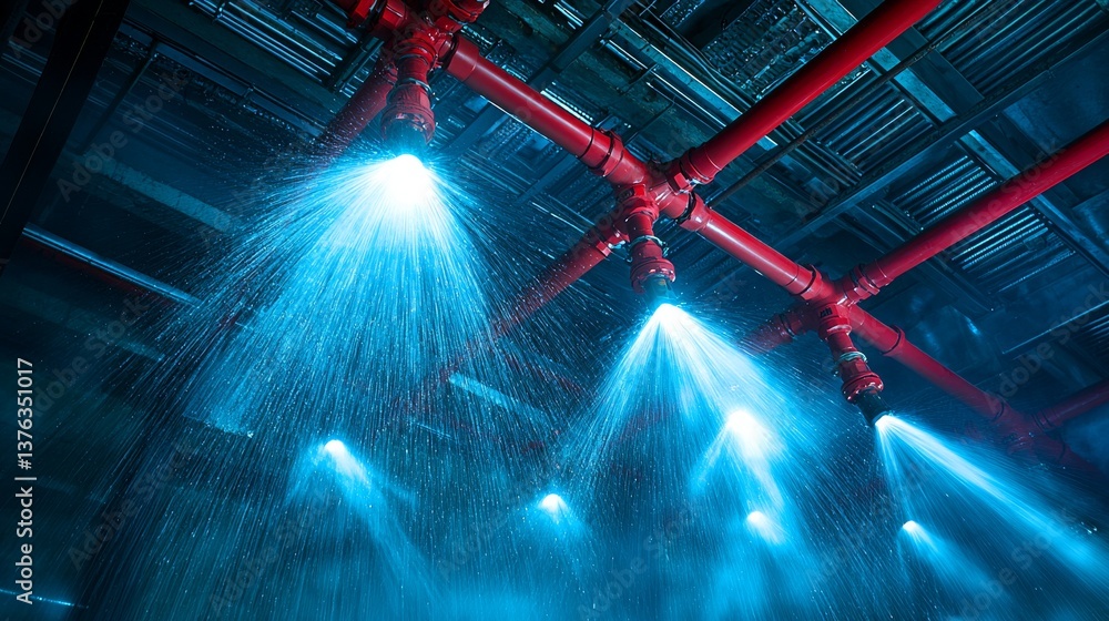 Emergency fire suppression system in action with bright illumination effects