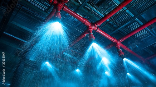 Obraz na płótnie Emergency fire suppression system in action with bright illumination effects w salonie