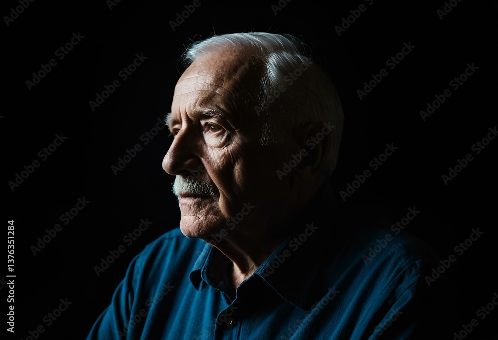 Fototapeta premium A man in a dark room looking away from the camera.