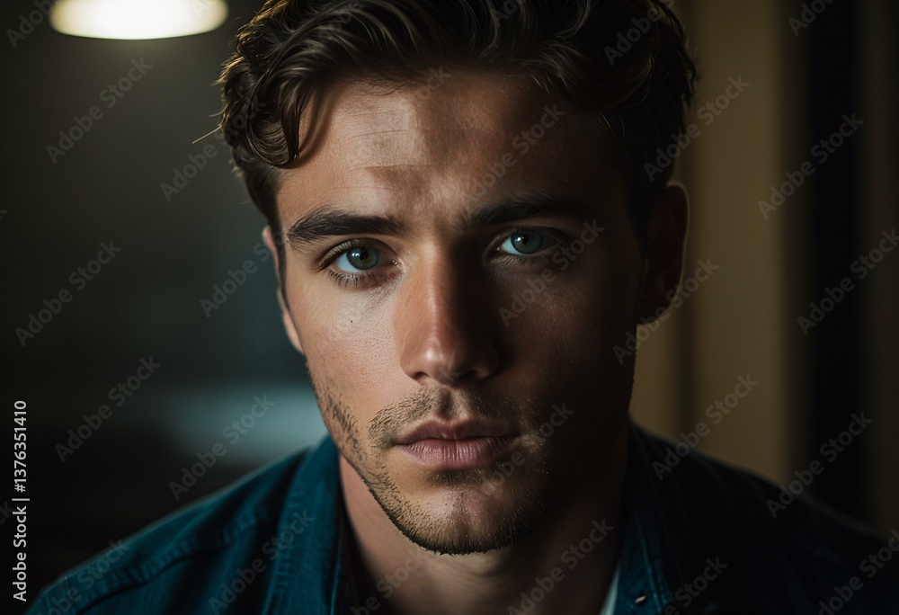 Fototapeta premium A man in a dark room looking at the camera.