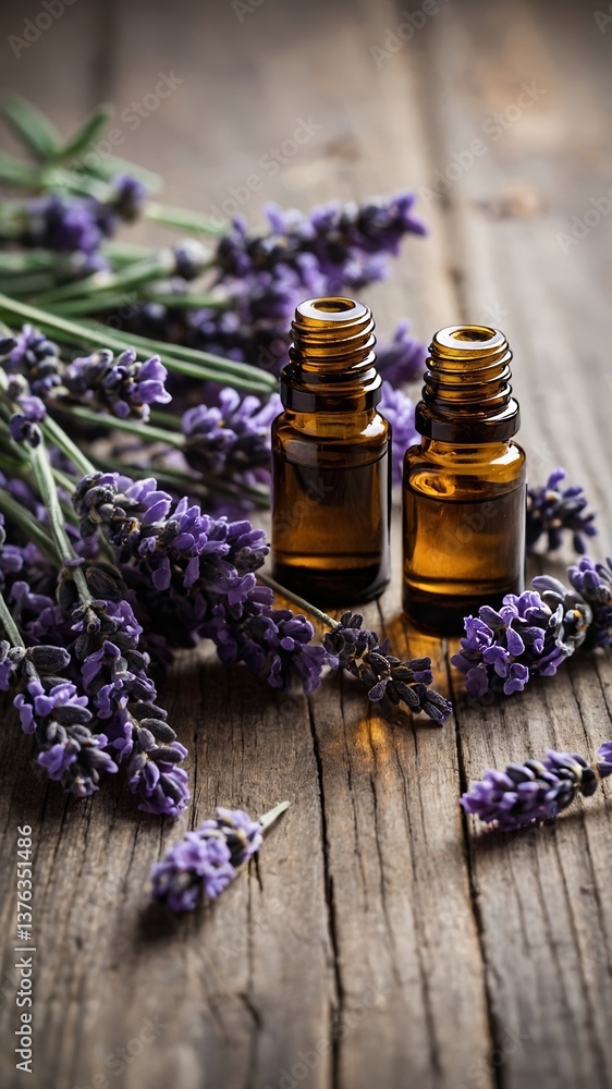 Lavender essential oils in glass bottles placed alongside fresh lavender flowers on wooden surface Lavender essential oils in glass bottles placed alongside fresh lavender flowers on wooden surface