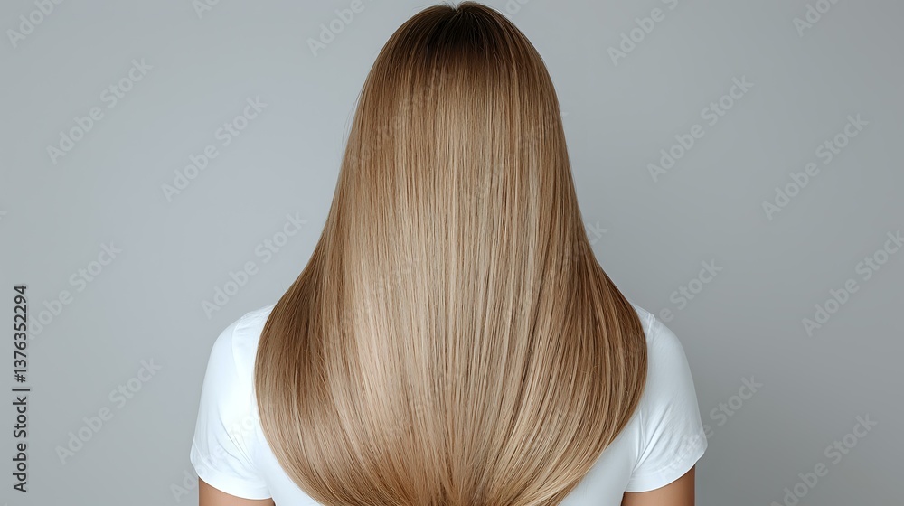 Naklejka premium Young woman with long straight blonde hair from behind wearing white t-shirt against gray background, showing healthy shiny hairstyle after salon treatment.