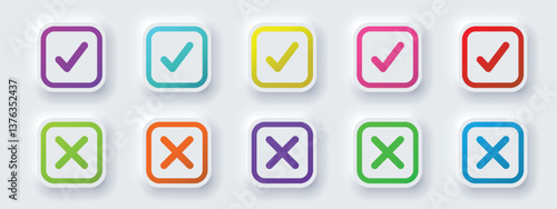 Check mark icon illustrate with right or wrong colorful icons, green tick and red cross checkmarks, yes or no sign, true or false icon and approved or rejected icon. Flat vector illustration.