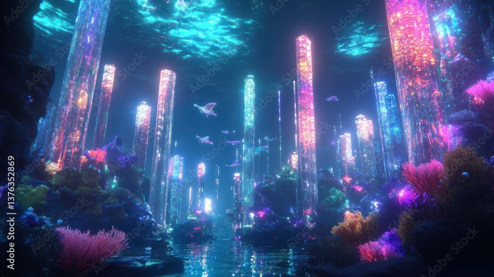 Fototapeta premium Underwater scene depicting vibrant crystal columns and coral reefs
