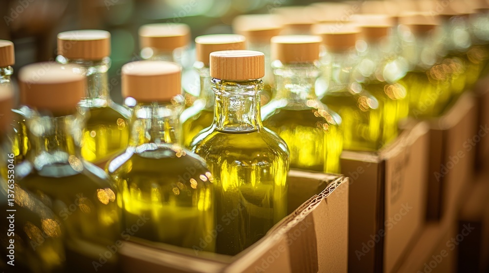Olive oil bottles packaged in cardboard boxes for market distribution Olive oil bottles packaged in cardboard boxes for market distribution