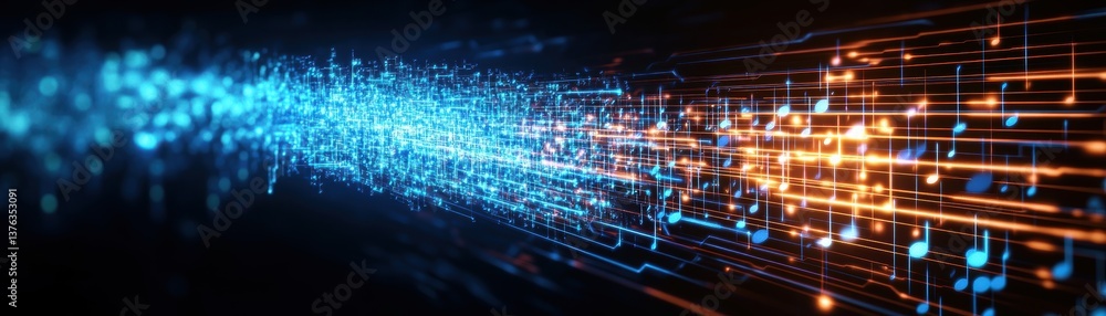 Abstract digital illustration of a vibrant stream of musical notes flowing seamlessly in a gradient from cool blues to warm oranges and yellows. Abstract digital illustration of a vibrant stream of musical notes flowing seamlessly in a gradient from cool blues to warm oranges and yellows.