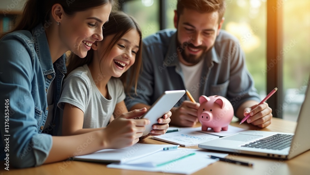 images of people managing their personal finances—someone reviewing a budget on a tablet, a family saving money in a piggy bank, or a young entrepreneur calculating profits. Include everyday items images of people managing their personal finances—someone reviewing a budget on a tablet, a family saving money in a piggy bank, or a young entrepreneur calculating profits. Include everyday items