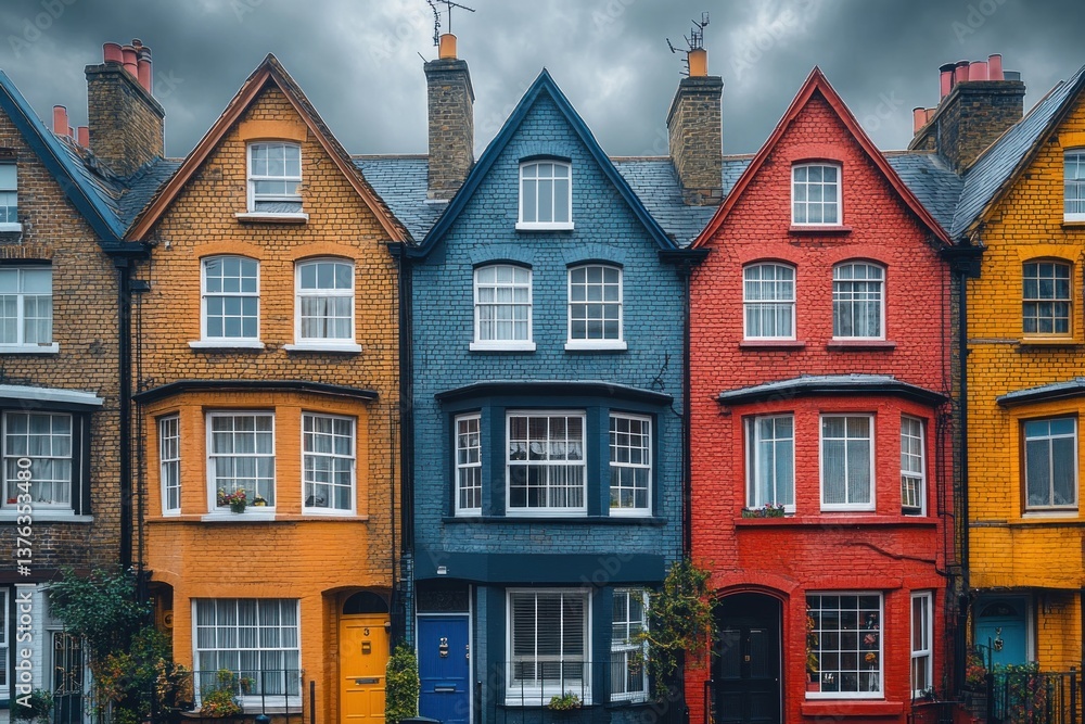 A row of colorful terraced brick townhouses in England showcases unique styles against a dramatic cloudy sky, reflecting charm and history A row of colorful terraced brick townhouses in England showcases unique styles against a dramatic cloudy sky, reflecting charm and history