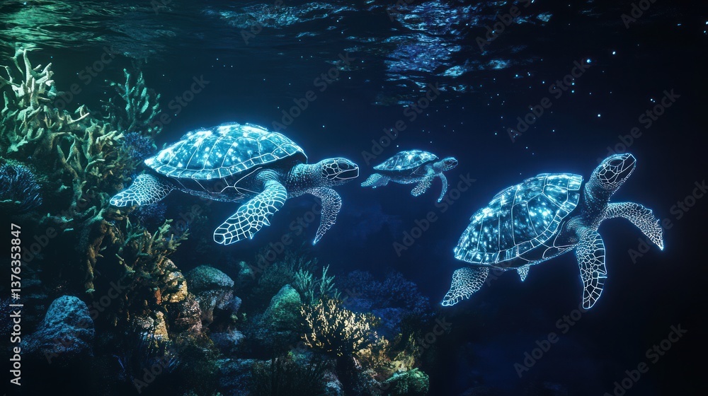 Fototapeta premium Three glowing sea turtles swim gracefully through the ocean water