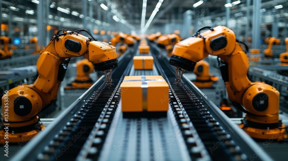 Fototapeta premium Robotic arms are actively engaged in sorting and processing, packages on a conveyor belt in a logistics center designed for high speed automation and efficiency.