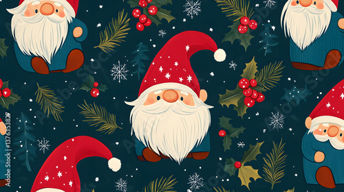 Blue background with red hats and green leaves