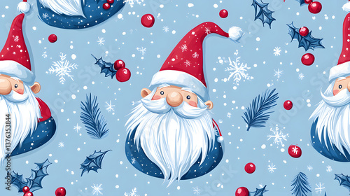 Blue and white pattern with a red hat and beard on a santa claus face
