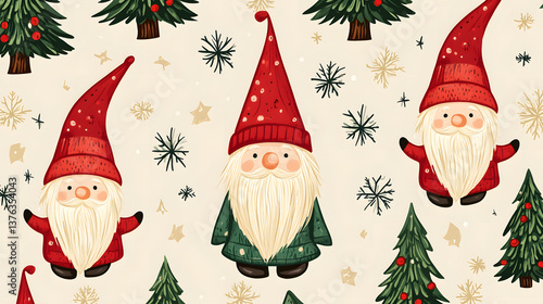 Three gnomes are standing in front of a Christmas tree