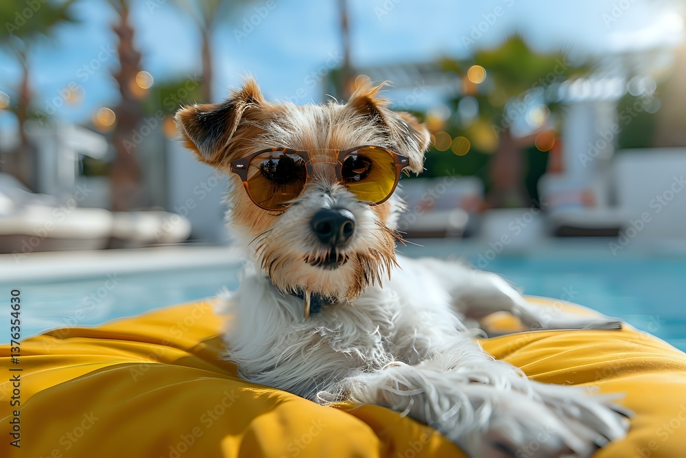 Fototapeta premium Small terrier mix dog wearing sunglasses relaxing on yellow pool float during summer day. Palm trees and swimming pool in background create vacation atmosphere.