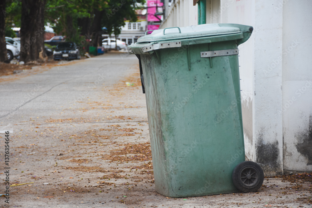 Obraz premium Green plastic trash cans in public places
